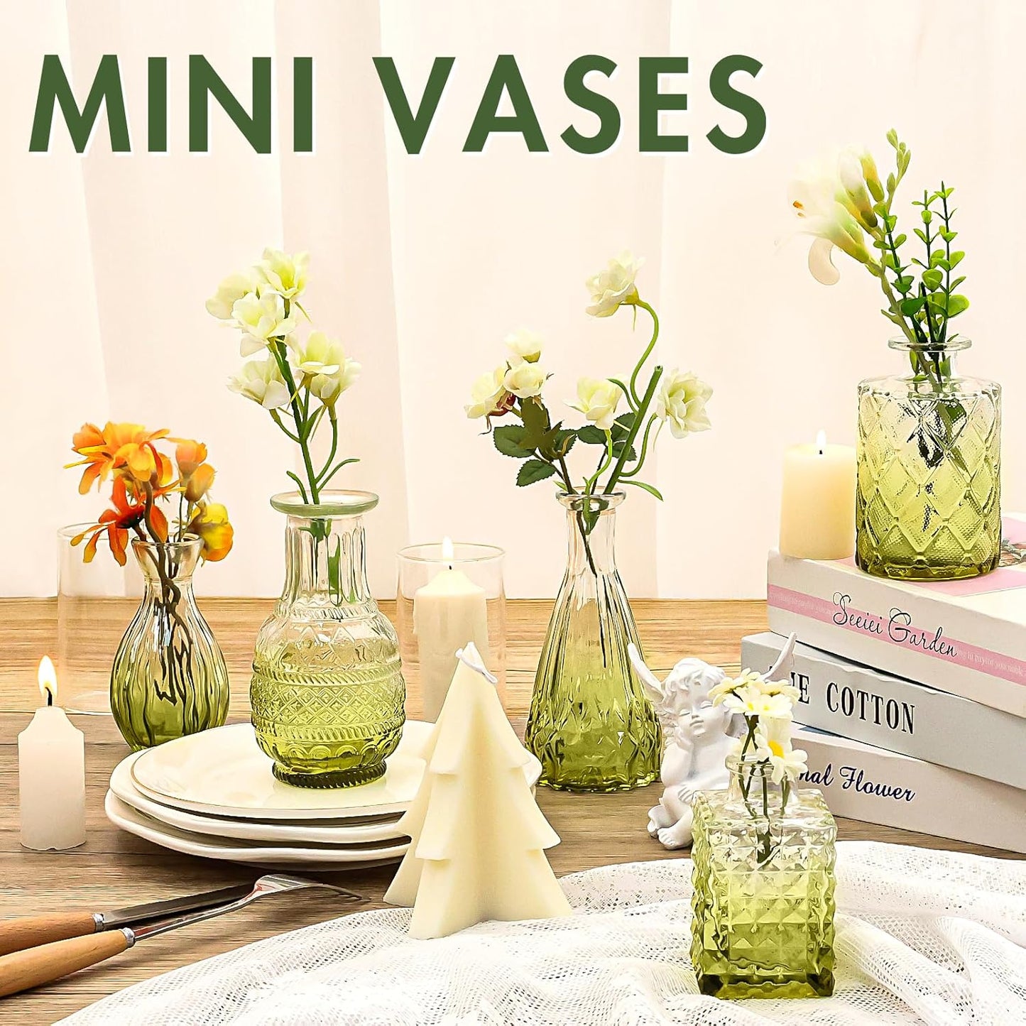 Arme Bud Vase Set of 32, Green Vases Glass Bud Vases in Bulk, Small Vases for Centerpieces Mini Flower Vase Set Cute Vintage Glass Vase Set for Flower Wedding Home Centerpiece Table Decorations