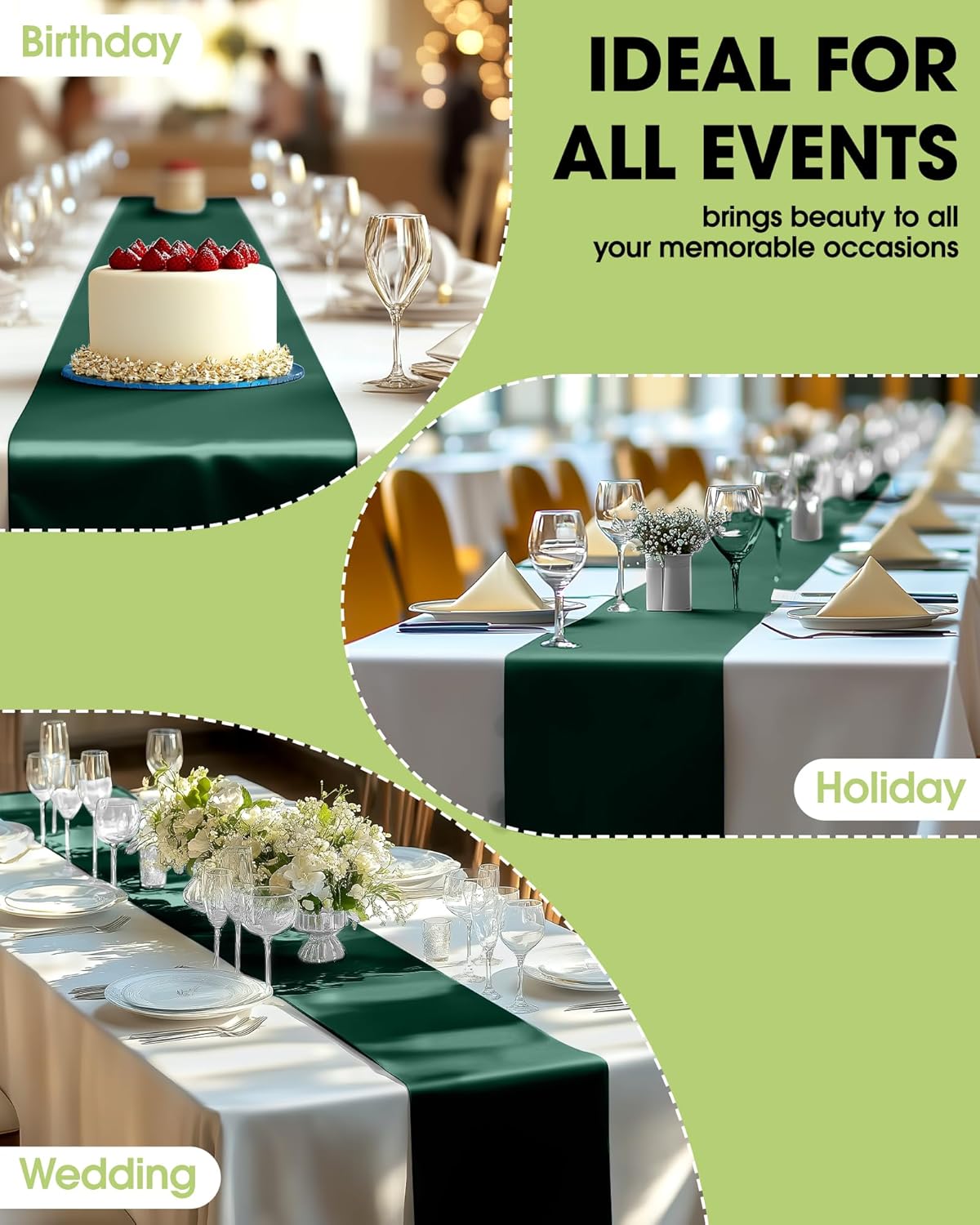 Pureegg Emerald Green Plastic Table Runners - 10 Pack, 14'' x 108'', Water Resistant & Disposable Centerpiece Decorations for Table Cloth, Wedding, Birthday, Holiday, Baby Shower, Party, Home Decor