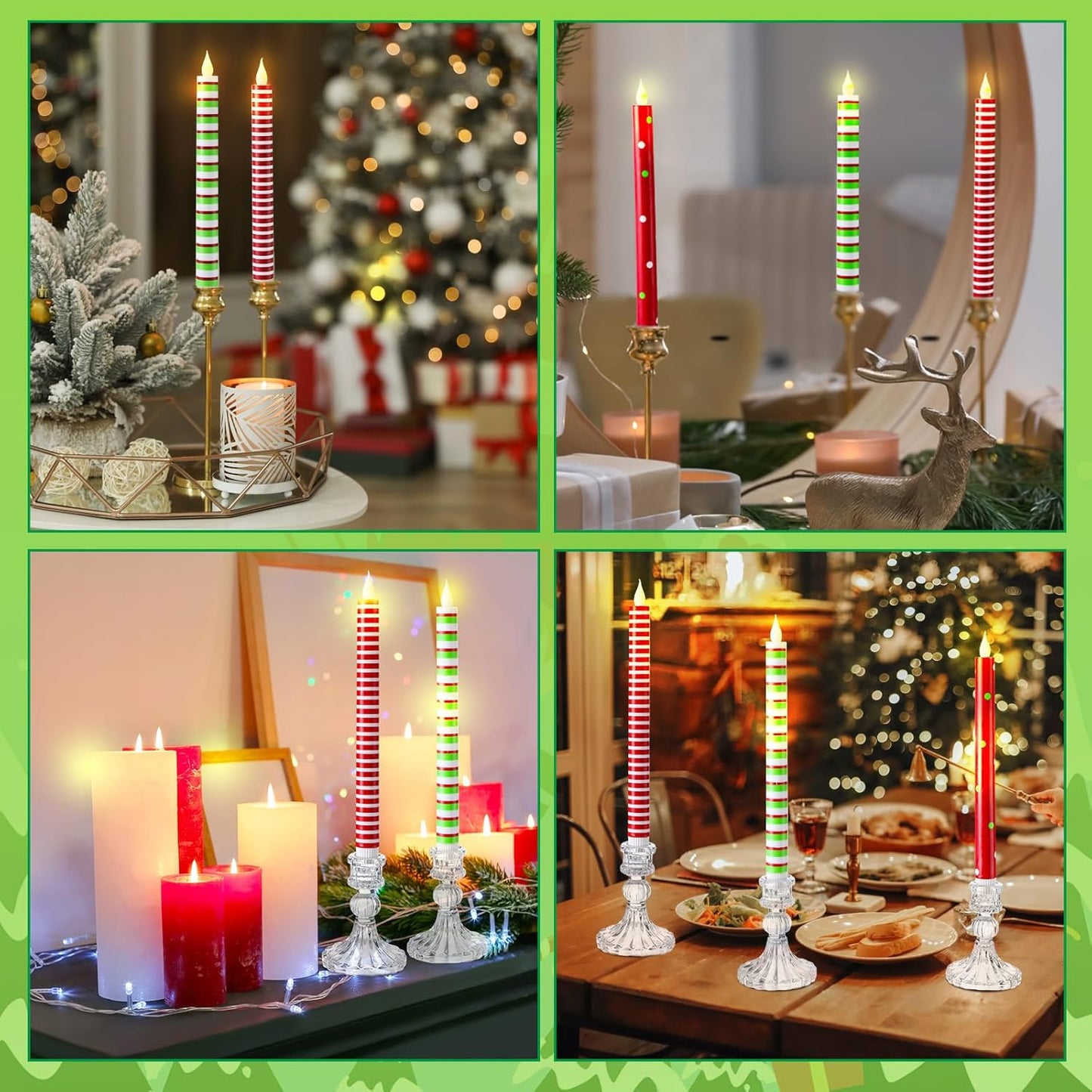 6 Pcs Christmas Flameless Taper Candles 10.6 Inch Red Green and White Striped Dots Candles Battery Operated LED Christmas Candlesticks for Xmas Centerpiece Holiday Party Decor