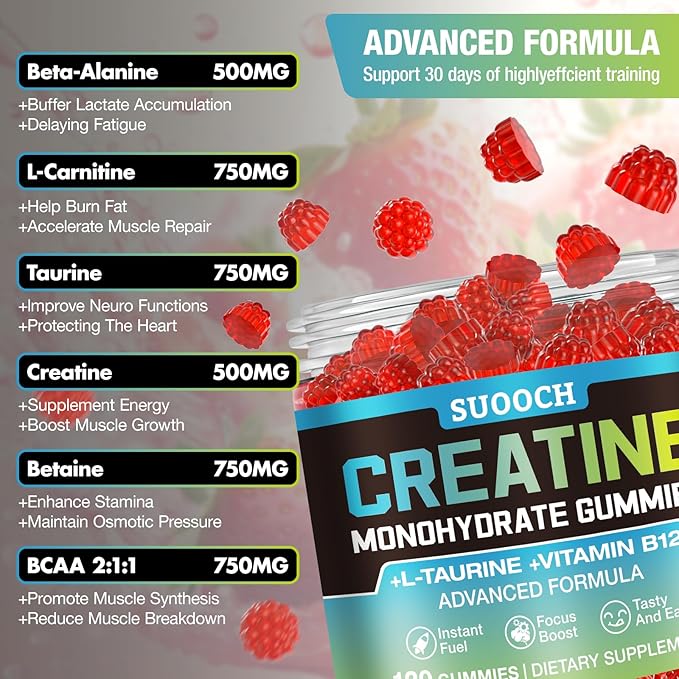 Creatine Monohydrate Gummies for Men & Women, 120 Count Creatine Gummies, Delicious Raspberry Flavor