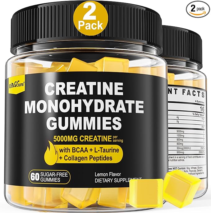 Creatine Monohydrate Gummies for Men & Women - with BCAA, Collagen Peptides, L-Taurine, Vitamin B12, D3, Chewables Creatine Monohydrate 5g Per Serving, Natural Lemon Flavor, Sugar Free, 2 Pack