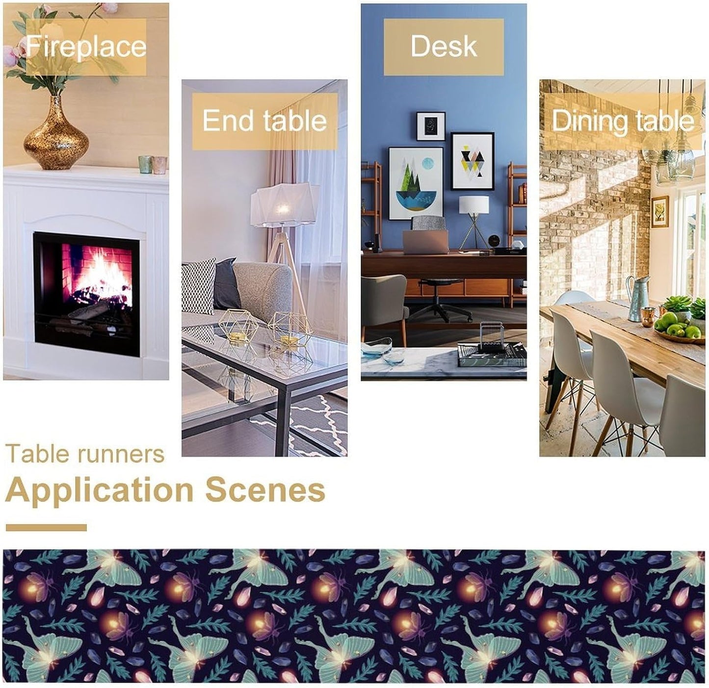 Moth Table Runner, Retro Boho Aesthetic Blue Moth Magic Table Runner for Home Kitchen Dining Party Indoor Outdoor Decoration 13x36 Inch