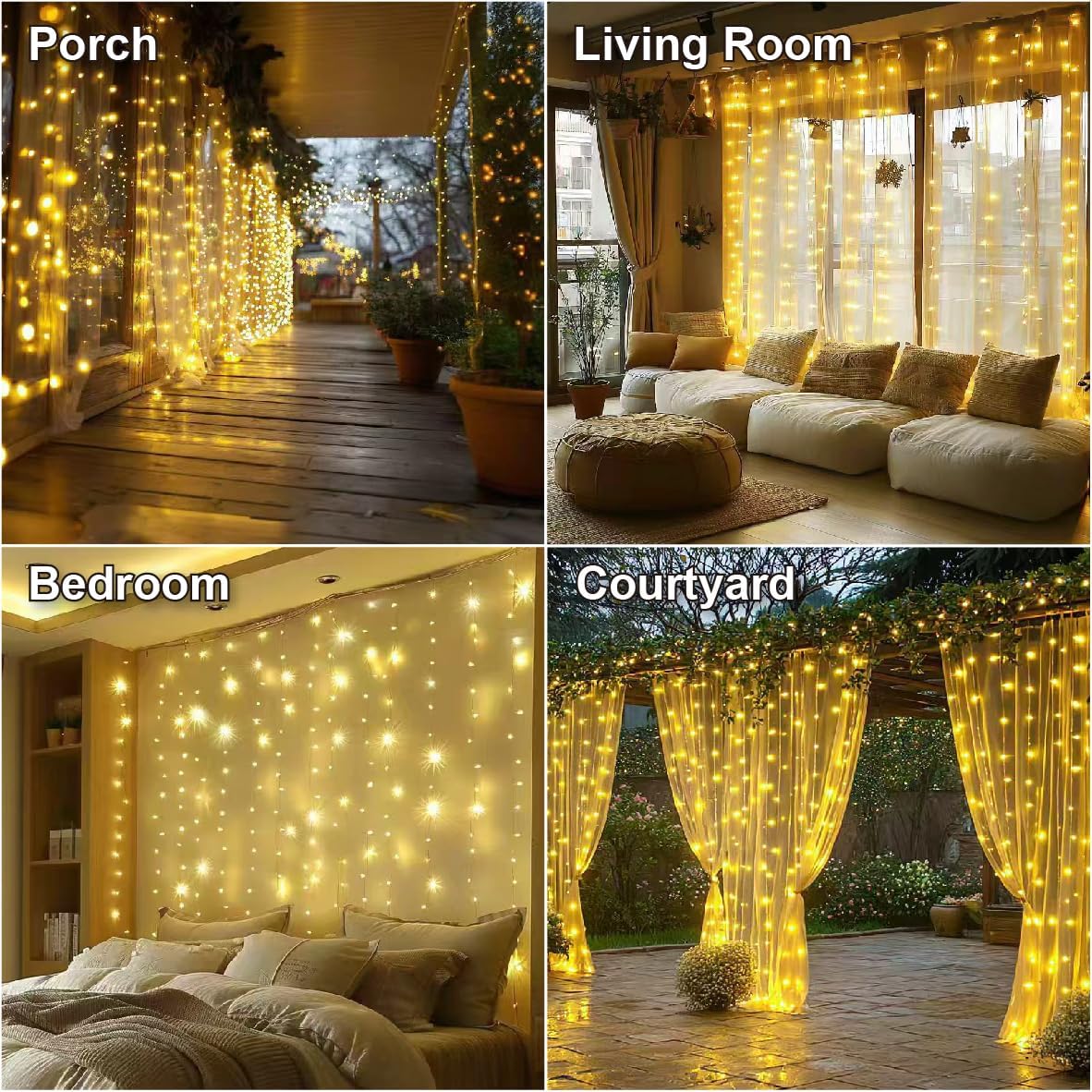 HXWEIYE 300LED Fairy Curtain Lights, 9.8x9.8Ft USB Plug-in 8 Modes Christmas String Hanging Lights with Remote for Bedroom Backdrop Wedding Party Indoor Wall Decor, Warm White