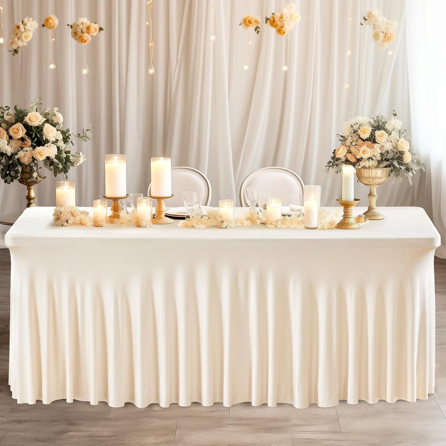 Wish Care 2 Pack Stretch Spandex Table Clothes for 8 Foot Rectangle Tables, 8FT Wrinkle Free Fitted Tablecloths Ruffles Design Table Cover for Party, Banquet, Wedding and Events