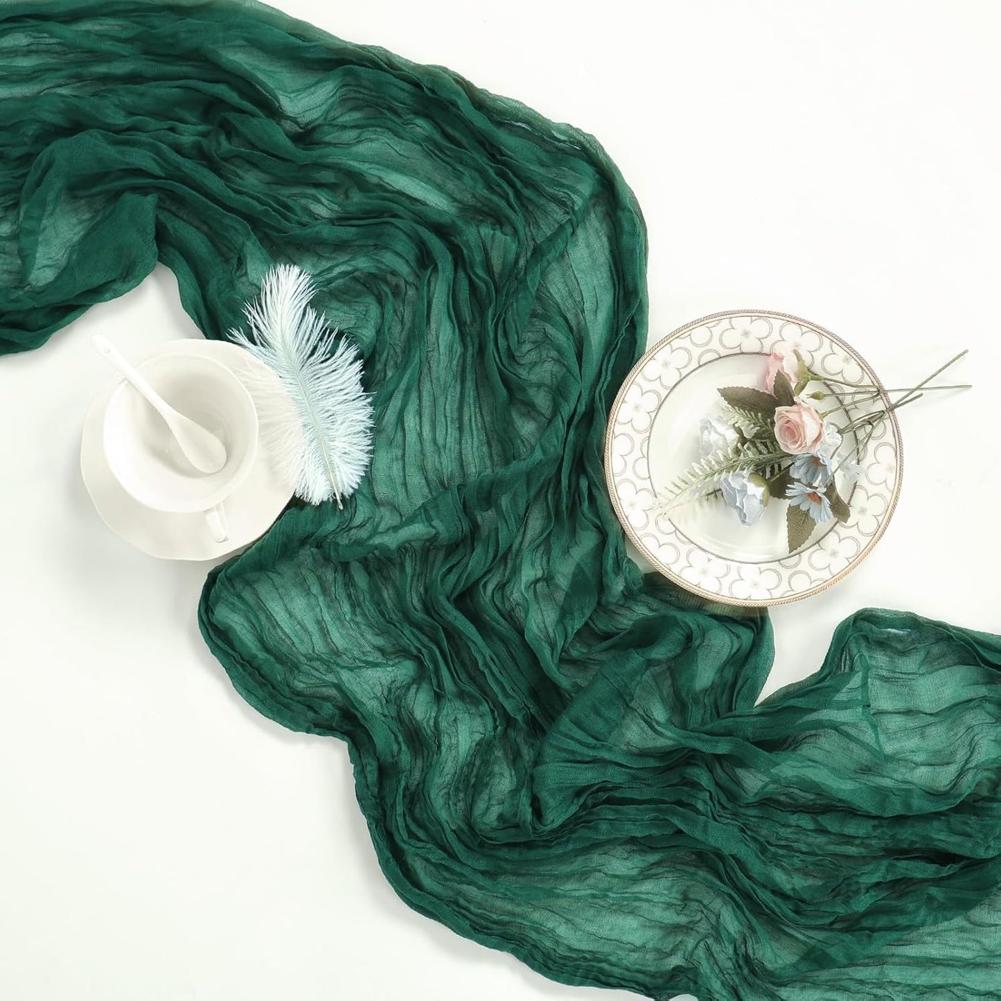 6 Pack Emerald Green Cheesecloth Christmas Table Runner 10ft Boho Gauze Fabric Cheese Cloth Table Runner 35 x 120 Inch Rustic Sheer for Romantic Wedding Decor Baby Shower Party Centerpiece Decoration