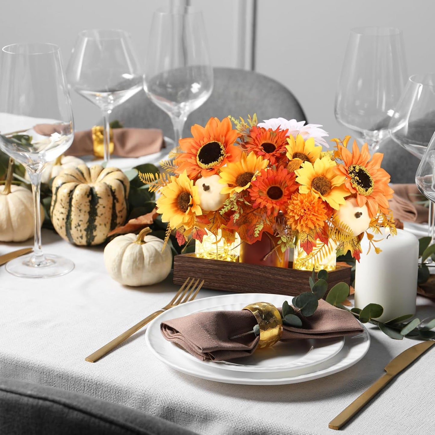 3 Pcs Fall Thanksgiving Tables Centerpieces Mason Jar Table Decor Set, Farmhouse Autumn Pumpkin Maple Leaf Branches Potted Plant with Wood Tray & LED Light, Harvest Dining Table Centerpieces