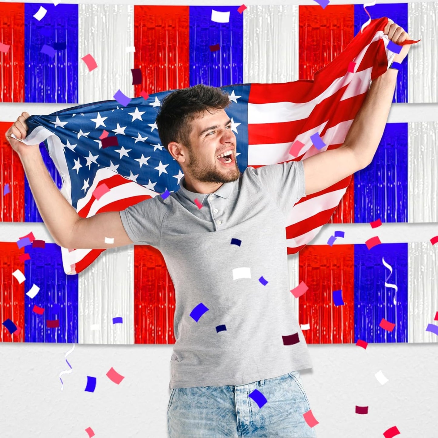 6 Pack 10 Feet White Blue Red Foil Fringe Garland Metallic Tinsel Streamers Banner Wall Hanging Curtain Backdrop for Parade Floats, Birthday, Graduate, Mother's Day, Wedding Party Decoration