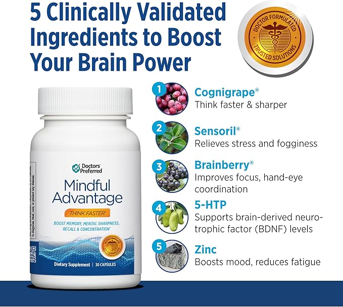 DOCTORS' PREFERRED Mindful Advantage Brain Supplements for Memory and Focus - Boost Memory, Mental Sharpness, Recall & Concentration - 30 Count