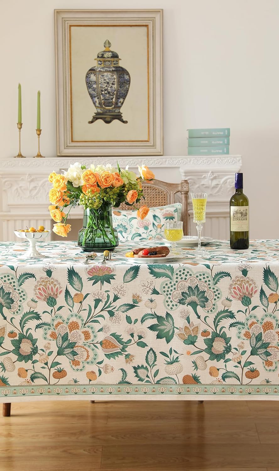 patdrea Designer Green Rectangle Table Cloth,Vintage Italian Floral Country Linen Breathable Tablecloth,Decor Cover for Kitchen Dining,Christmas,Tea Party,Thanksgiving,55"x79"-Tree Life