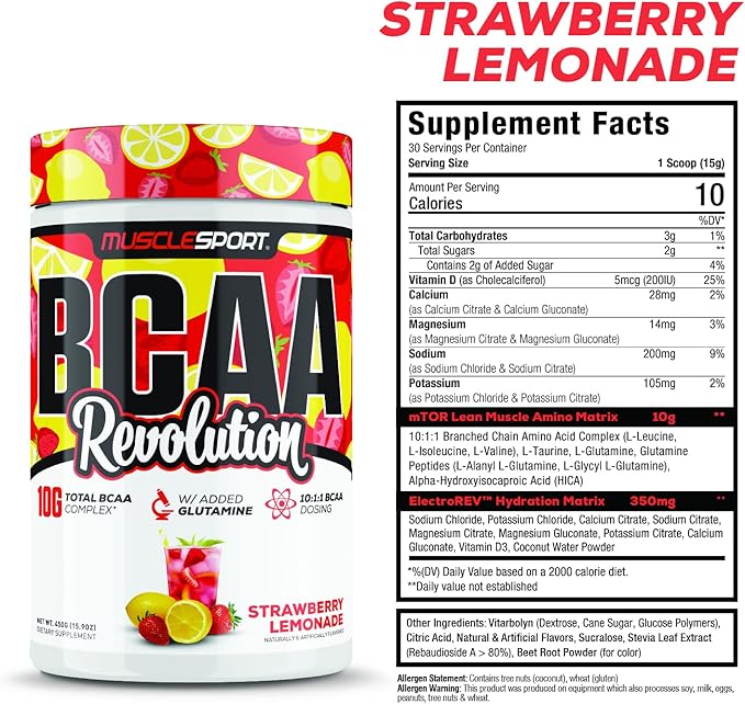Musclesport BCAA Revolution Amino Acid Powder Supplement for Men & Women - Intra Workout Training Complex - Recovery Supplemen (Strawberry Lemonade, 30 Servings)