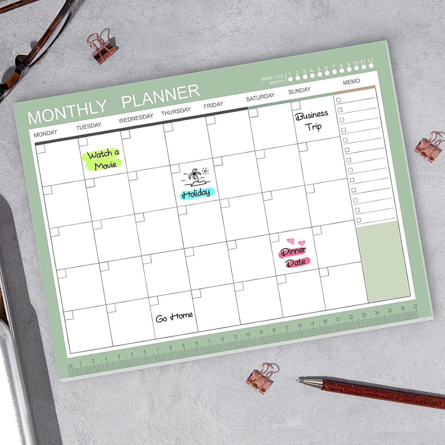 Phyxin Undated Planner, 54 Sheets Blank Calendar, 11.2" x 8.3" Monthly Calendar Planner, Tear Off Undated Monthly Planner with Memo for Women, Students, Teachers, Morandi Green