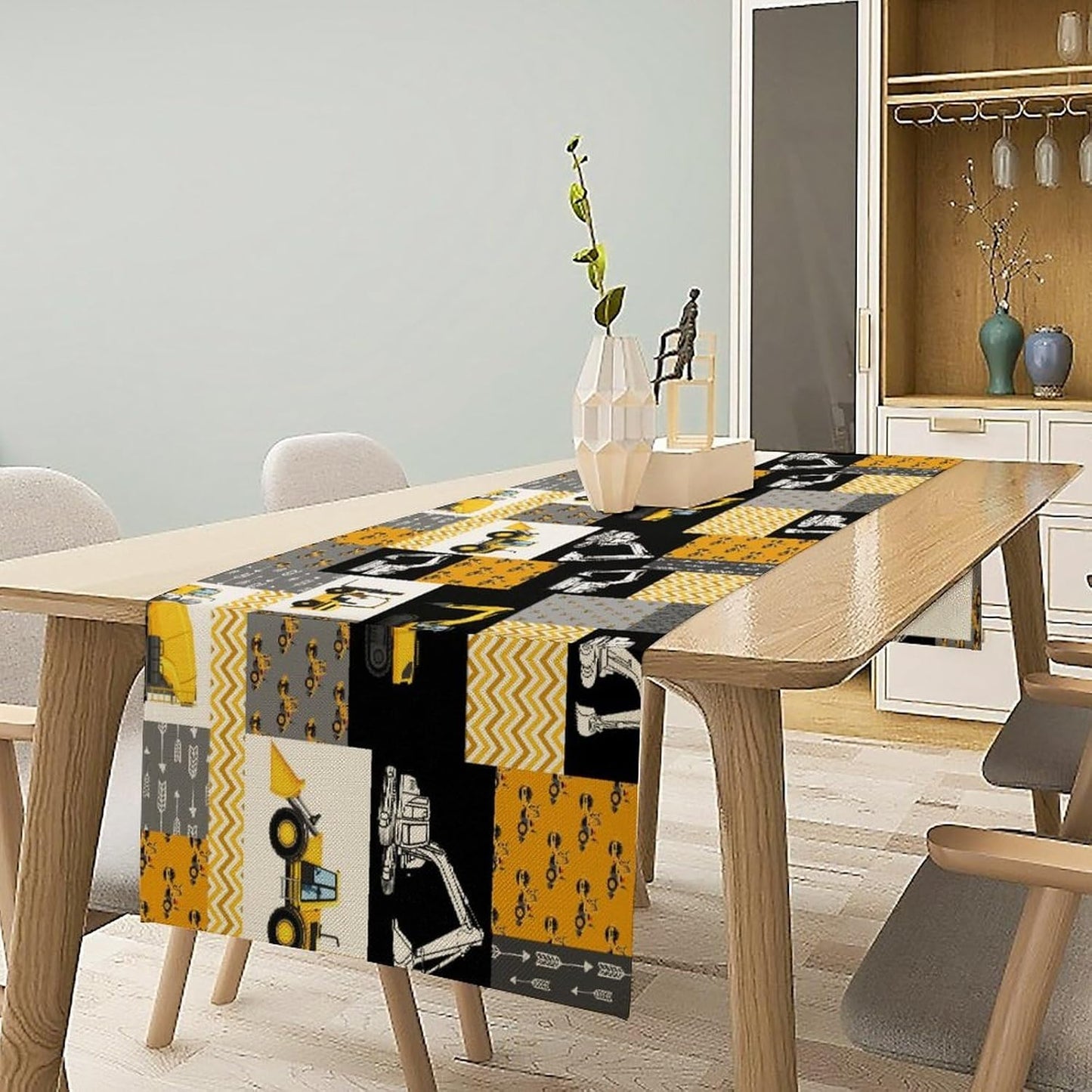 Excavator Table Runner,Boys Kids Construction Vehicles Equipment Trucks Cartoon Car Tablecloth Burlap for Hotel Indoors Outdoor Dining Room Kitchen Holiday Party, 13x90in