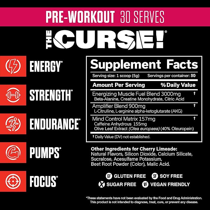JNX SPORTS The Curse! Pre Workout Powder for Men & Women, Caffeine, Beta-Alanine, Creatine, L-Citrulline, 30 Servings, Cherry Limeade Flavor – Boost Energy, Strength & Focus