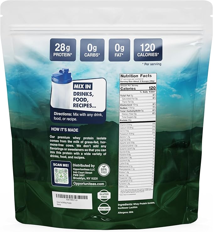 Opportuniteas Grass Fed Whey Isolate Protein Powder - Unflavored 28g Protein Powder Without Artificial Sweeteners, Hormone-Free Cows, Non GMO - 2.5lb