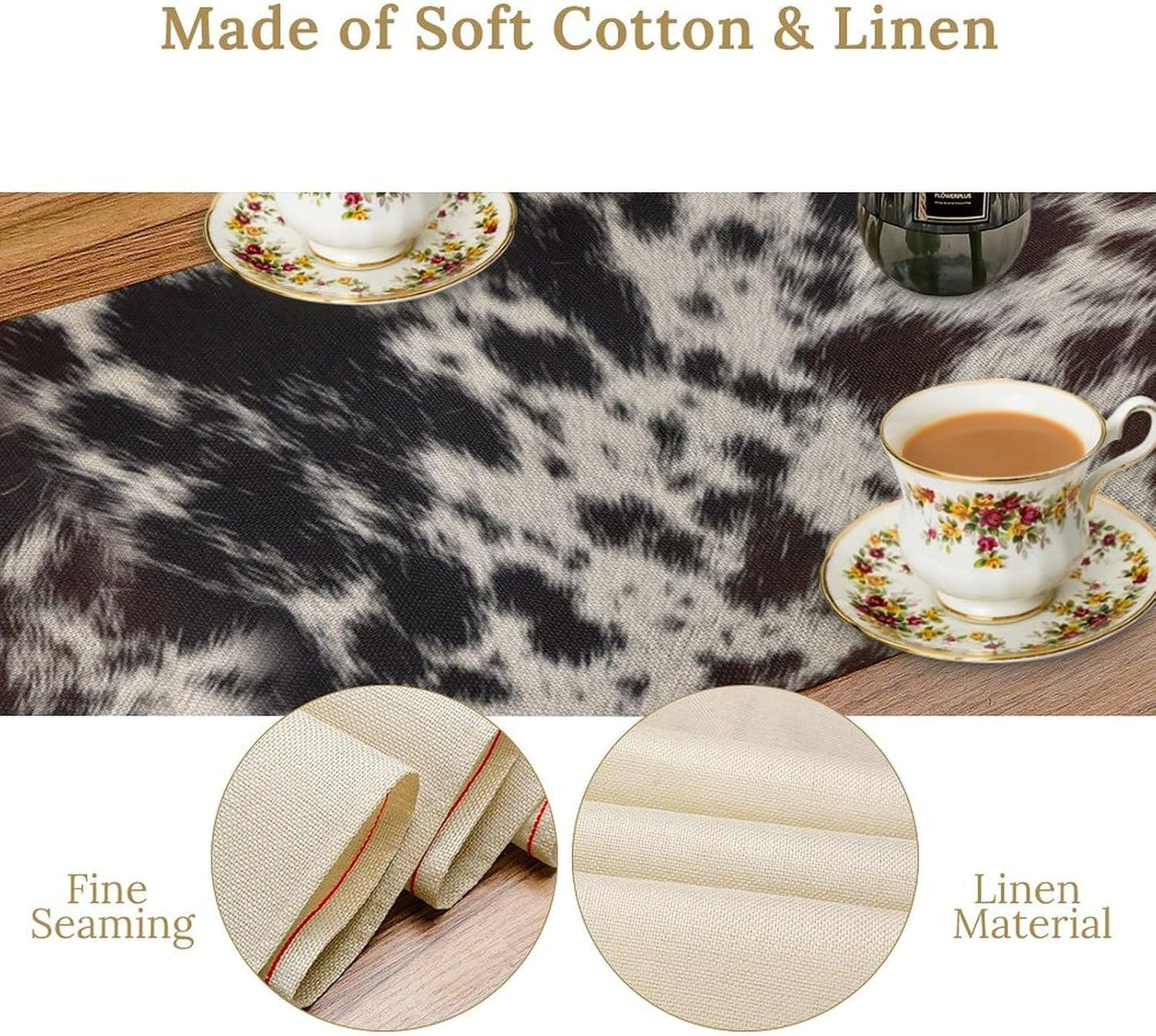 Cow Print Table Runner, Country Farm Animal Fur Skin Pattern Western Style Black Brown Cowhide Print Dinner Runner for Home Kitchen Dining Home Setting, 13x36 Inch