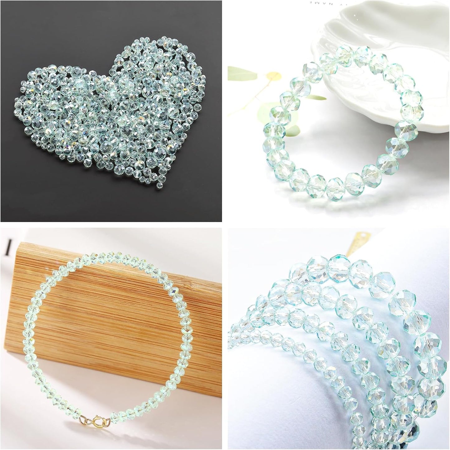 800Pcs 4/6/8/10mm Crystal Glass Beads for Jewelry Making Beads for Bracelets Necklace Pendants Making Supplies(Light Blue Green)