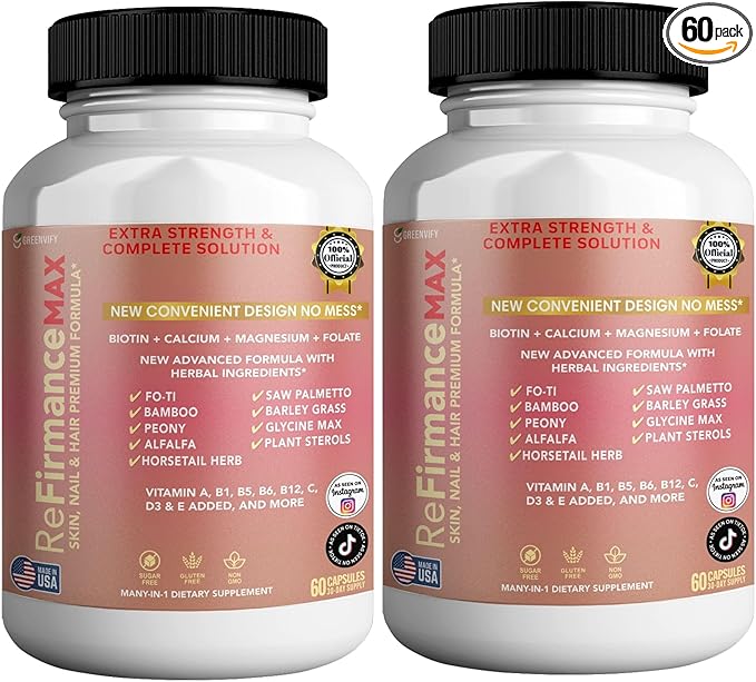 ReFirmanceMax Hair Growth Supplement, 60 Capsules, with Biotin 5000mcg, Vitamins B12, Calcium, Saw Palmetto, 30 Day Supply (2)
