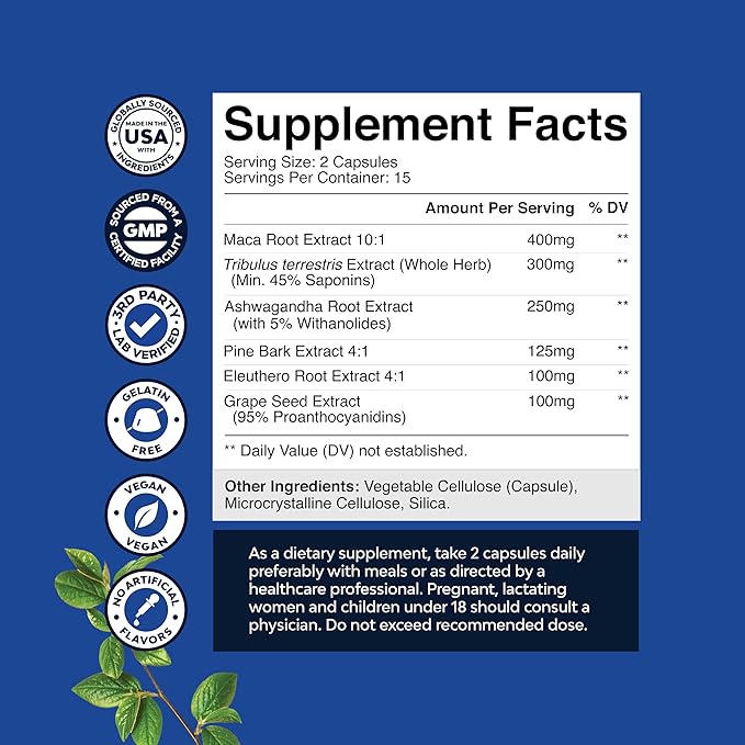 Bundle of Horny Goat Weed for Male Enhancement for Stamina & Energy and Black Maca Root Capsules for Men - Herbal Enhancement Supplement for Men