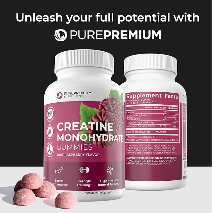 PurePremium Creatine Supplements for Men/Women - Non-GMO Creatine Monohydrate Gummies 5g for Strength, Endurance Support, Muscle Recovery - 120 Gummies
