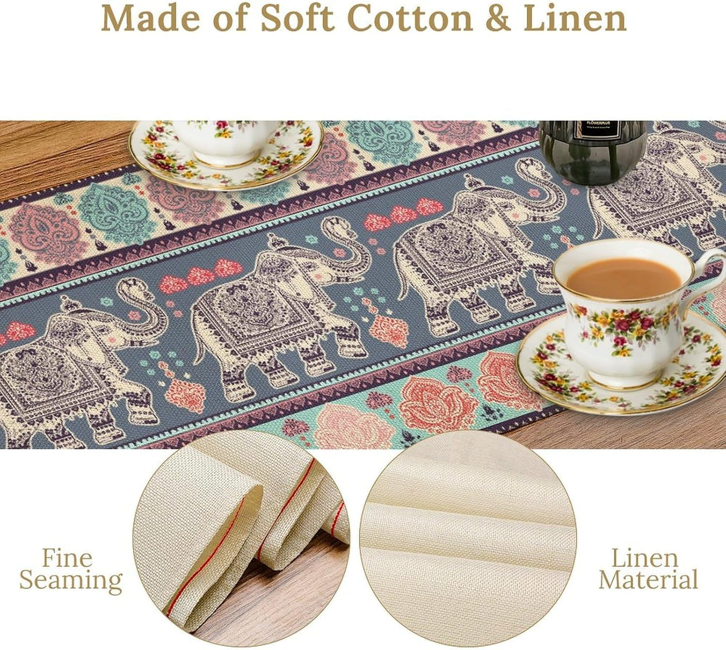 Boho Table Runner, Indian Bohemian Elephant Mandala Paisley Floral Hippie Art Print Table Center Decor for Home Kitchen Dining Patio Holiday Party Indoor Outdoor Table Decorations, 13"x108" Inch