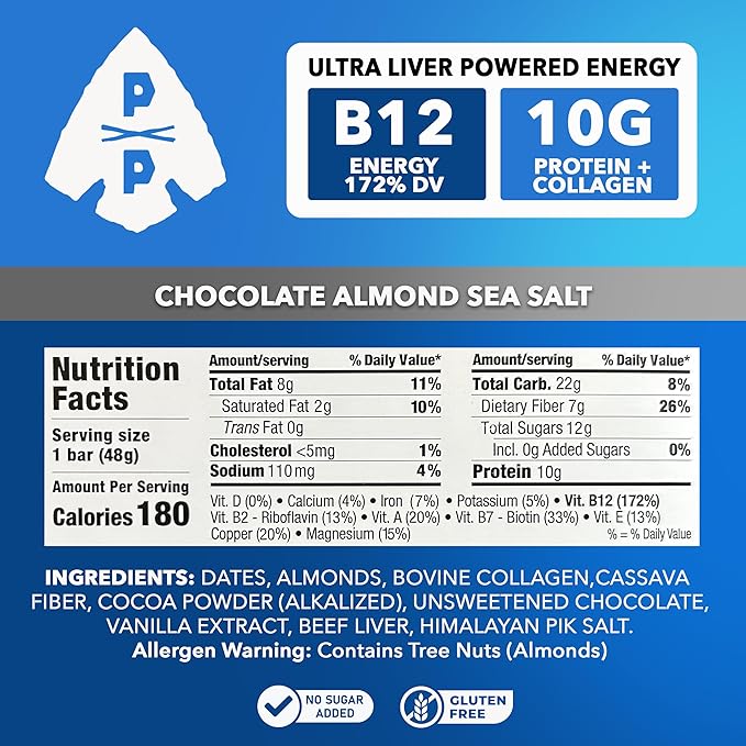 Primal Power Liver Powered Nutrition Bars - B12 Energy Boost, 10g Protein, Vitamins, Minerals, Collagen, Zero Added Sugar, Gluten Free - Pack of 12 (Chocolate Almond Sea Salt Flavor)