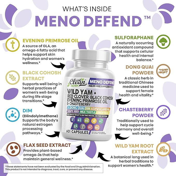 Clean Nutra Wild Yam Root Capsules with Red Clover Black Cohosh Evening Primrose Oil Chasteberry Dong Quai DIM Ashwagandha Grape Seed Extract Milk Thistle Lemon Balm and more Hormone Balance For Women