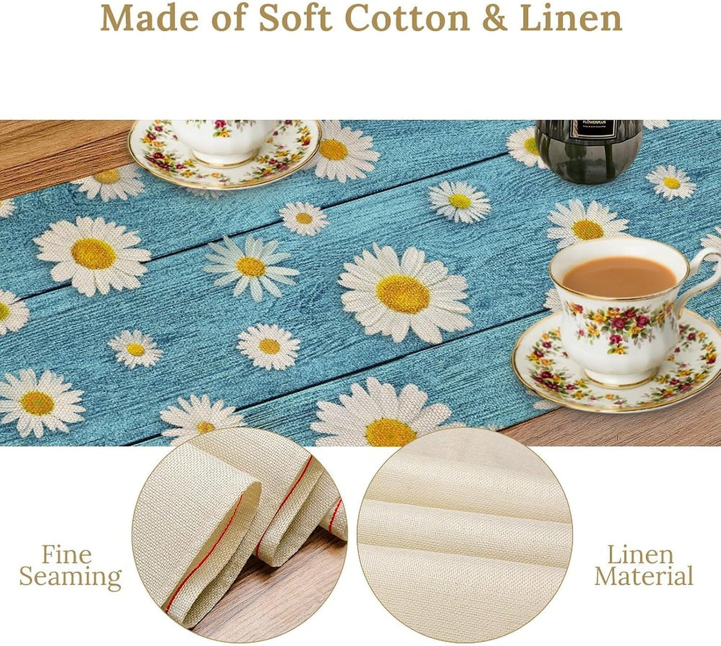 Daisy Floral Table Runner, Farmhouse Abstract Spring Seasonal Summer Blue White Flower Rustic Table Center Decor for Home Kitchen Dining Patio Holiday Party Indoor Table Decorations, 13"x90" Inch