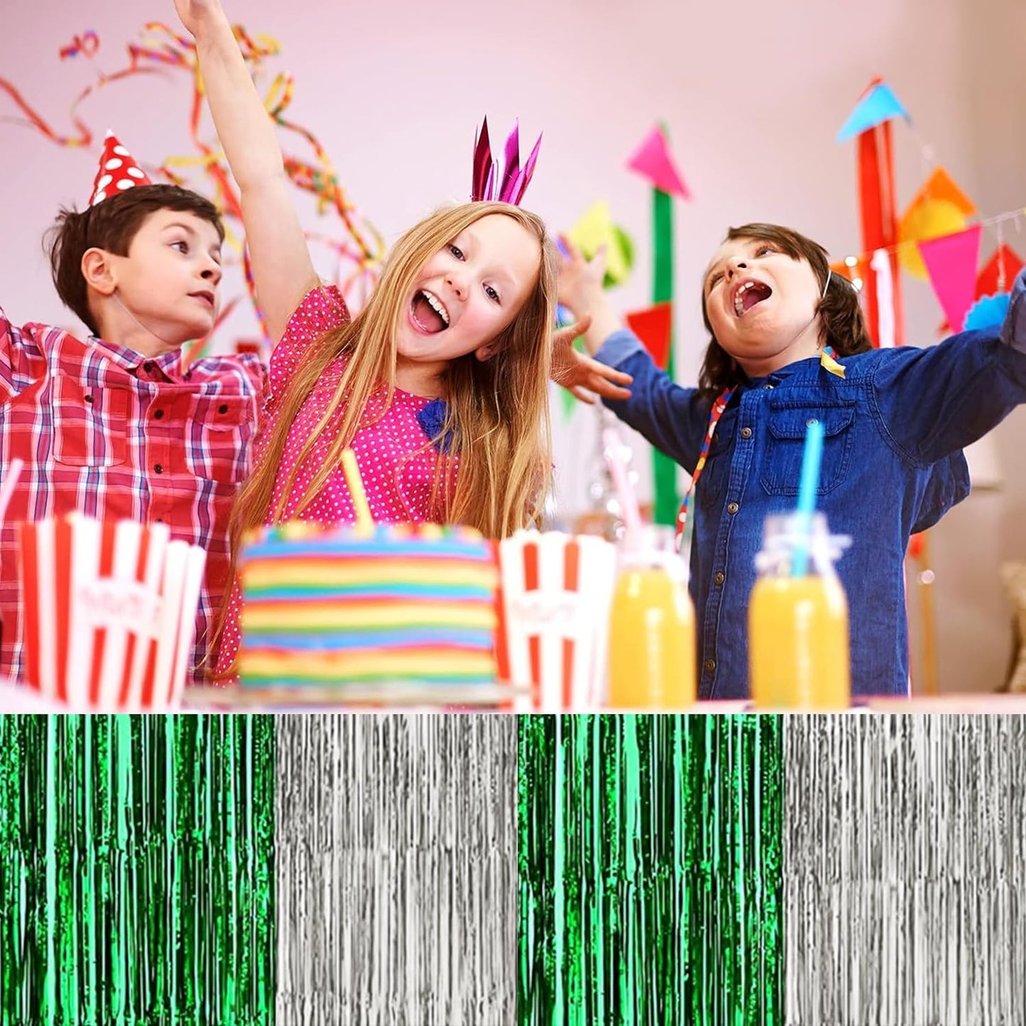 4P Metallic Foil Fringe Tinsel Table Skirts for Rectangle Tables Backdrop Banner Streamer Garland Curtains for Parade Floats Wedding Graduation Anniversary Birthday Parties Decoration (Silver Green)
