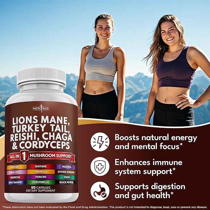 NEW AGE Lions Mane Mushroom Supplement with Turkey Tail Reishi Cordyceps Chaga with Marshmallow Root