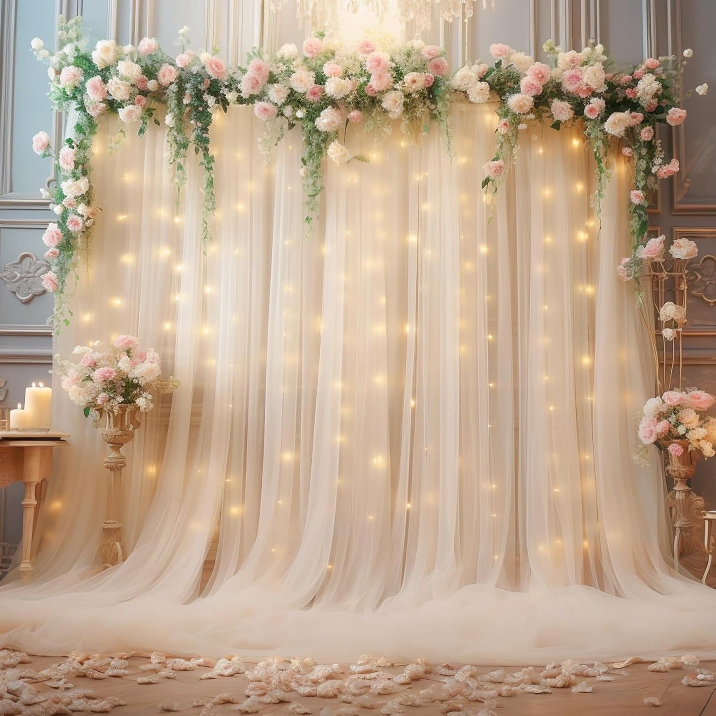 10x10ft Champagne Tulle Backdrop Curtain for Parites, Sheer Backdrop Curtains for Wedding Baby Shower Birthday Party Photo Shoot Decorations