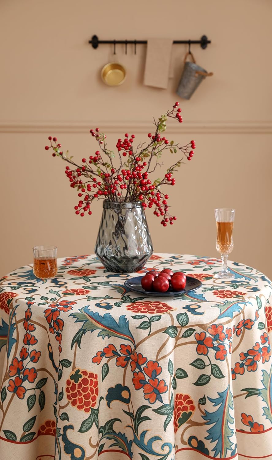patdrea Designer Linen Round Table Cloth,Durable Breathable Floral Dacorative Tablecloth,Decor Tables Covers for Kitchen Dining,Tea Party,Holiday,Christmas,Thanksgiving,Diameter 55"-Puno