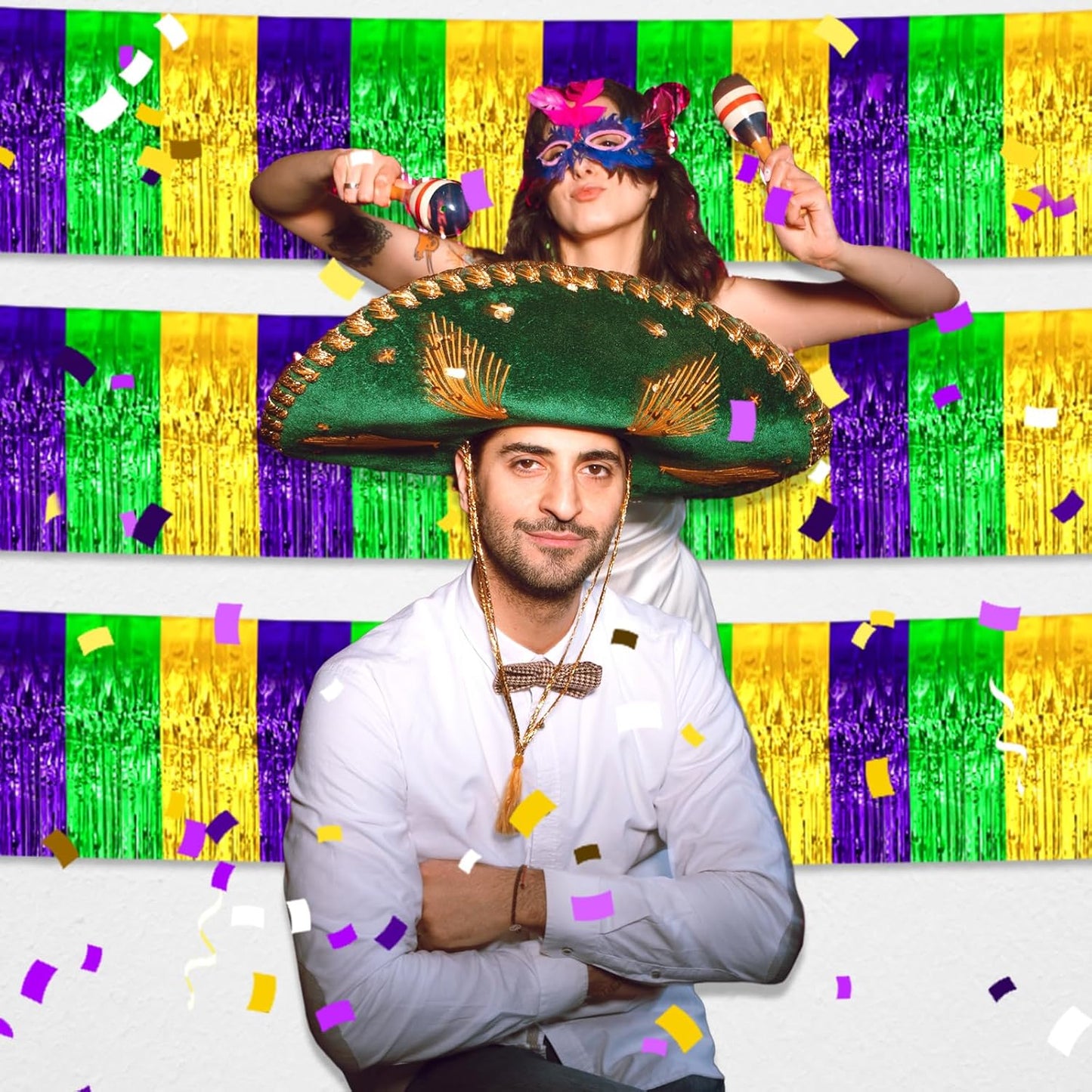 3 Pack 10 Long Gold Green Purple Metallic Foil Fringe Garland Wall Hanging Tassle Banner, Mother's Day, Easter, Parade Floats, Birthday, Theme Party, Wedding Party Decorations