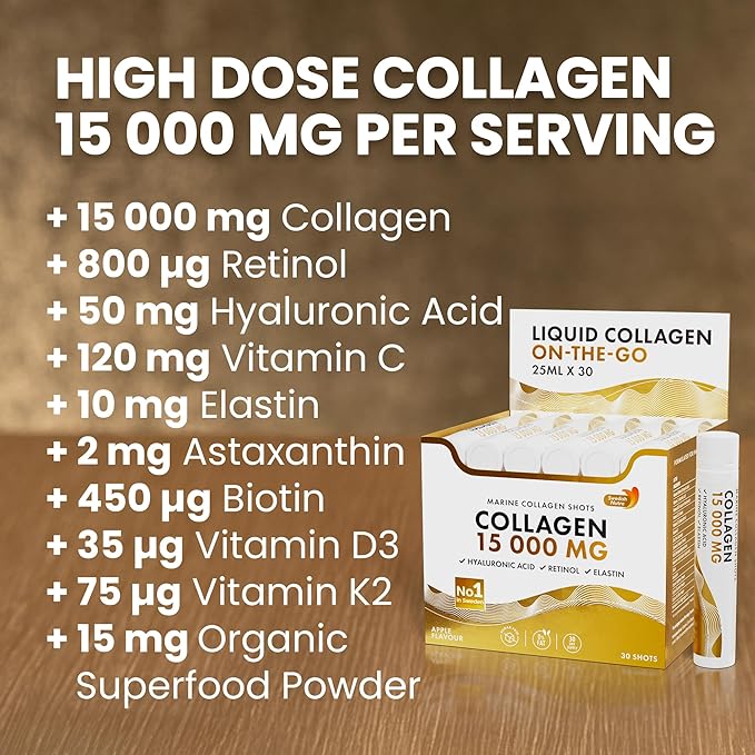 Swedish Nutra - Liquid Marine Collagen 15,000mg - 30 Shots I Hydrolyzed Collagen Peptides (Type I & III) I Hyaluronic Acid, Biotin, Vitamin C Sugar Free- 30 Day Supply