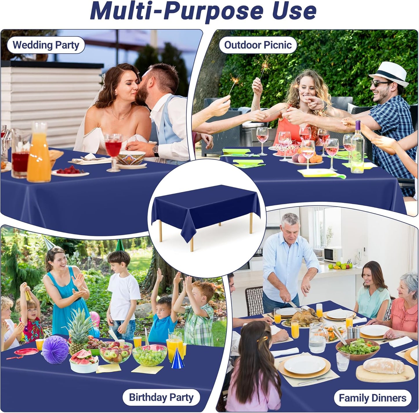 4 PCS Navy Plastic Tablecloths for Rectangle and Round Tables, 54" x 108" Stain Resistant Disposable Tablecloth for Picnic, Weddings, Baptism Decorations, Picnic Table Cover for Parties, Birthday