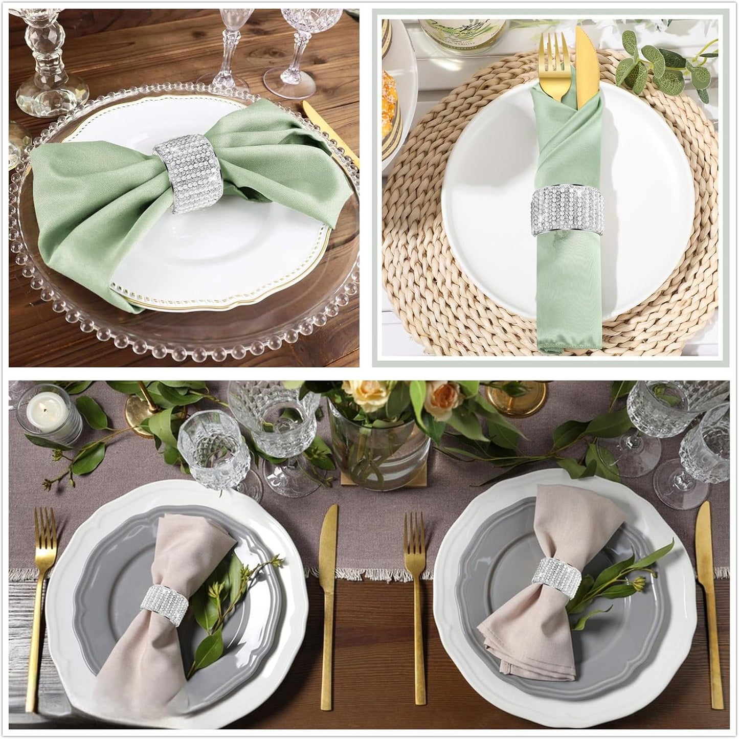 Silver Pearls 6pcs Napkin Rings Rhinestone Crystal Glass Framed Napkin Holder Handmade Serviette Buckles for Christmas, Easter, Thanksgiving Day Wedding Banquet Home Party Decoration Dining Table