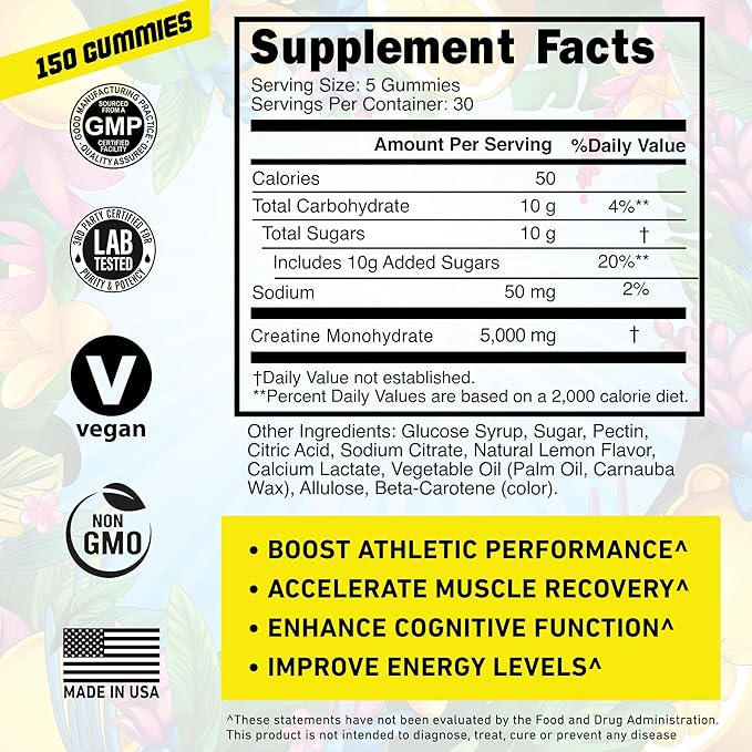 Creatine Monohydrate Gummies for Men & Women 5000mg - Made in USA, Potency Tested, Vegan, Supports Muscle Growth, Strength & Cognitive Function, Non-GMO Gluten-Free Lemon Flavored Creatine 150 Chews