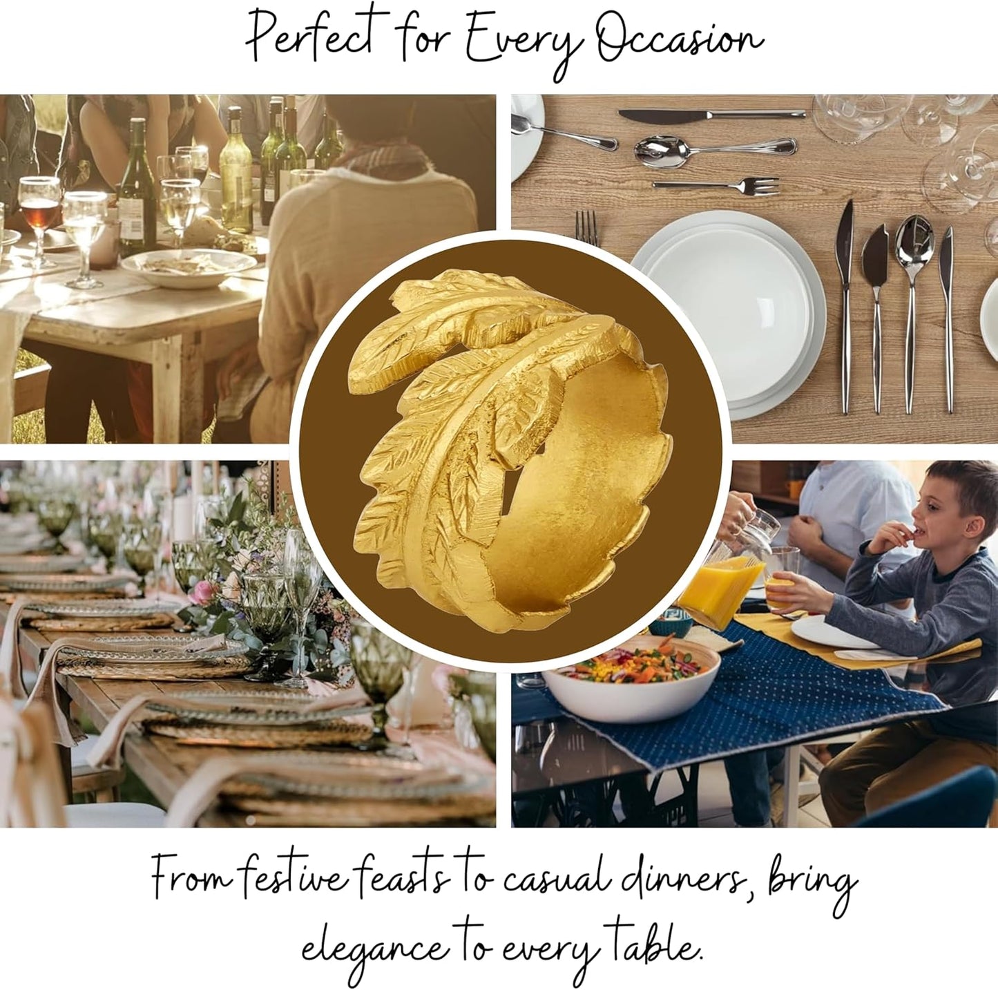 Gold Leaf Napkin Rings Set of 12 - Round Metal Napkin Holders for Dining Table Settings - Elegant Leaf Design for Weddings, Parties, Holiday Décor, Family Dinners & Special Occasions - CLEENTABLE