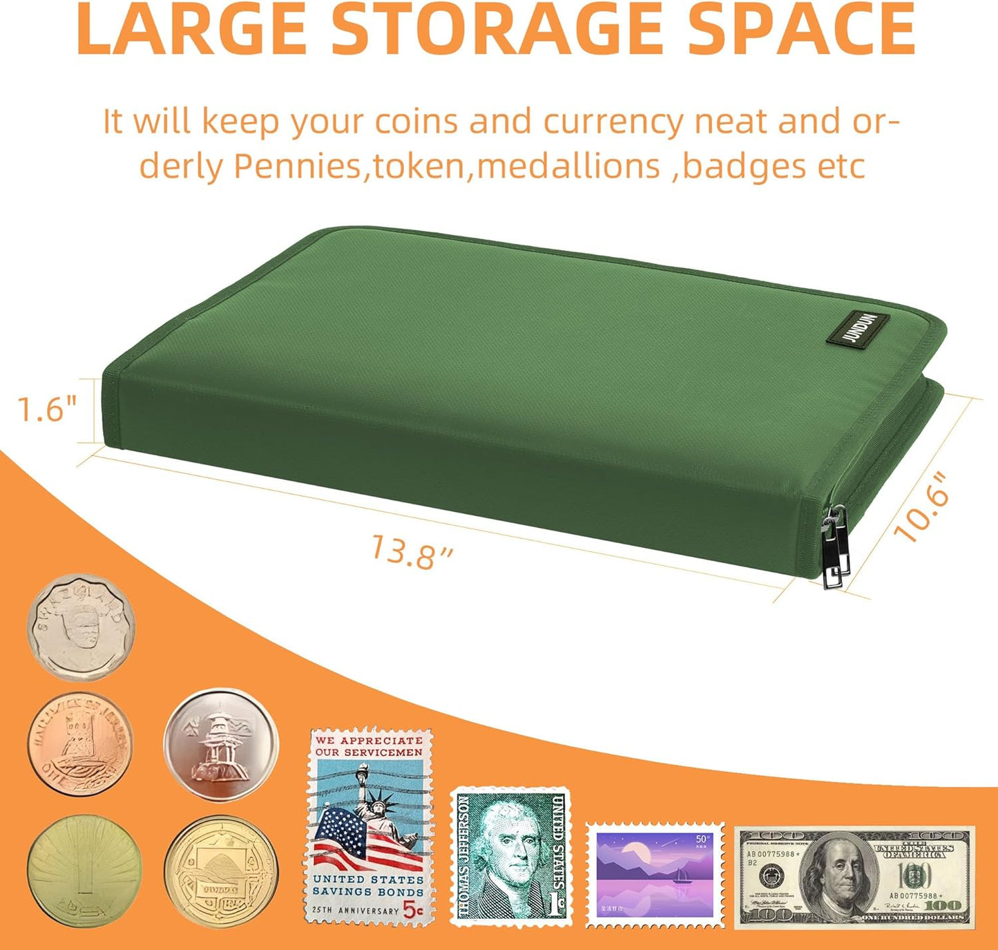 Coin Collection Book Holder for Collectors, 300 Pockets Fireproof Coins Collecting Album & 36 Sleeves Money Storage Case for Coin Currency Collection Supplies, Bill, Pennies, Quarters, Stamp,Green