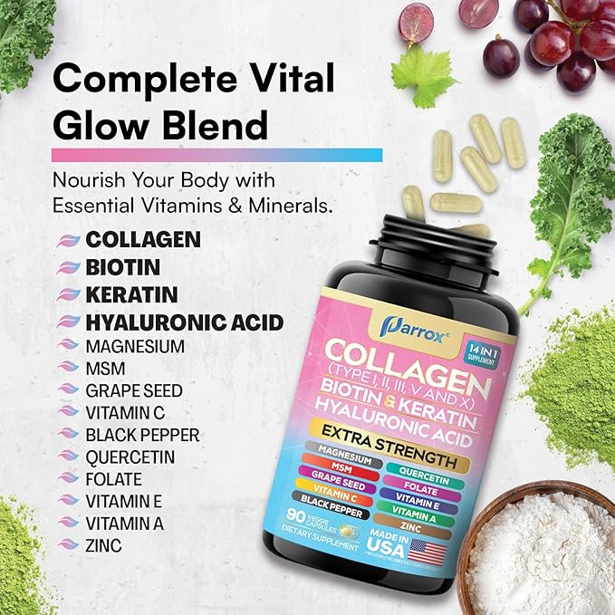 Collagen Peptides Types I, II, III, V & X, MCG Biotin, Keratin, Hyaluronic Acid, MSM, Zinc, Grape Seed Extract, Quercetin, Vitamin A, C & E, Folate, Black Pepper, Magnesium, Folic Acid (3 Pack)
