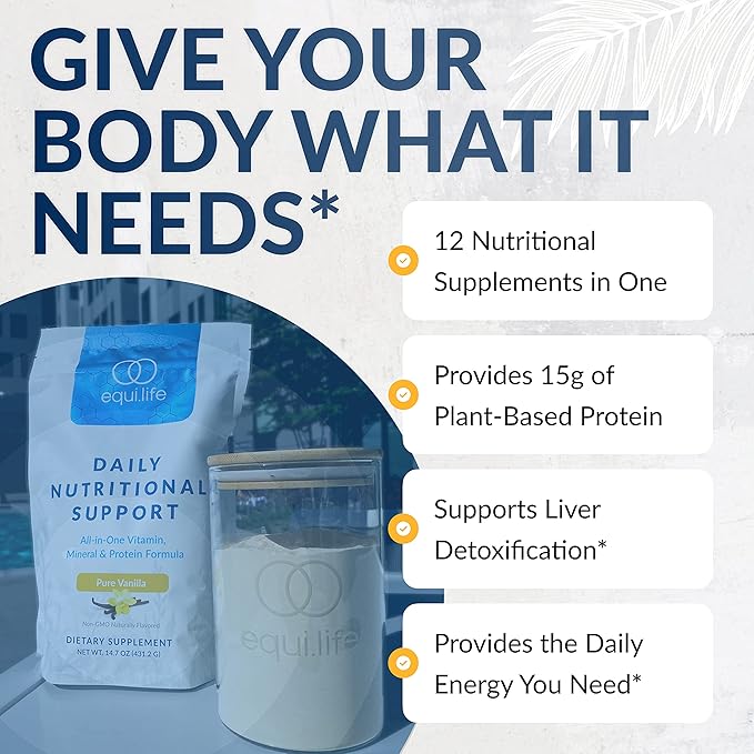 Equilife Daily Nutritional Support, All-in-One Multivitamin Meal Replacement, Pure Vanilla Flavor, 15G Plant Protein, Supports Overall Wellness Including Energy, Digestion, & Skin, 14 Servings