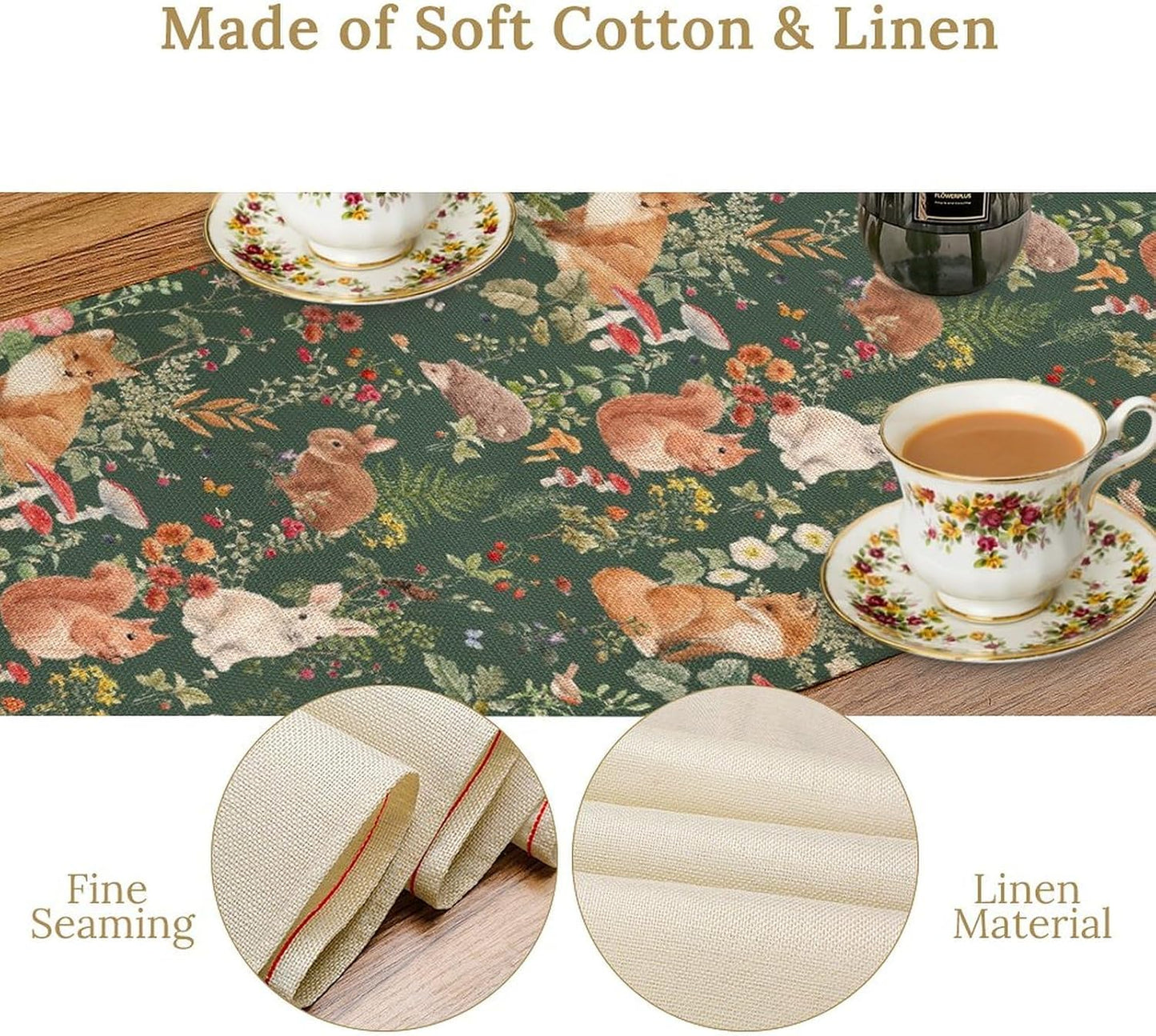 Rustic Forest Table Runner, Farmhouse Wild Woodland Animals Country Fox Rabbits Mushroom Botanical Green Table Center Decor for Home Kitchen Dining Patio Holiday Party, 13"x36" Inch