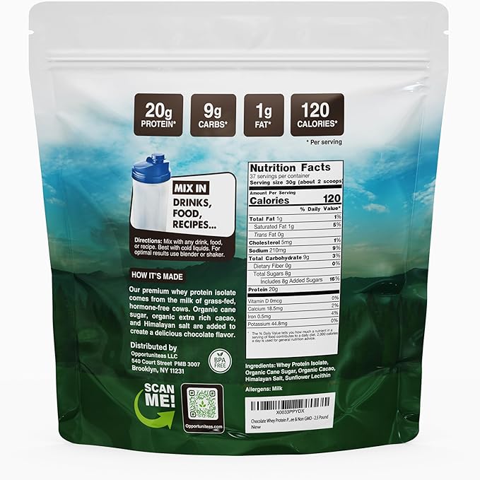 Opportuniteas Grass Fed Chocolate Whey Protein Isolate Powder - 20g Protein Powder Without Artificial Sweeteners, Hormone-Free Cows, Non GMO - 2.5lb
