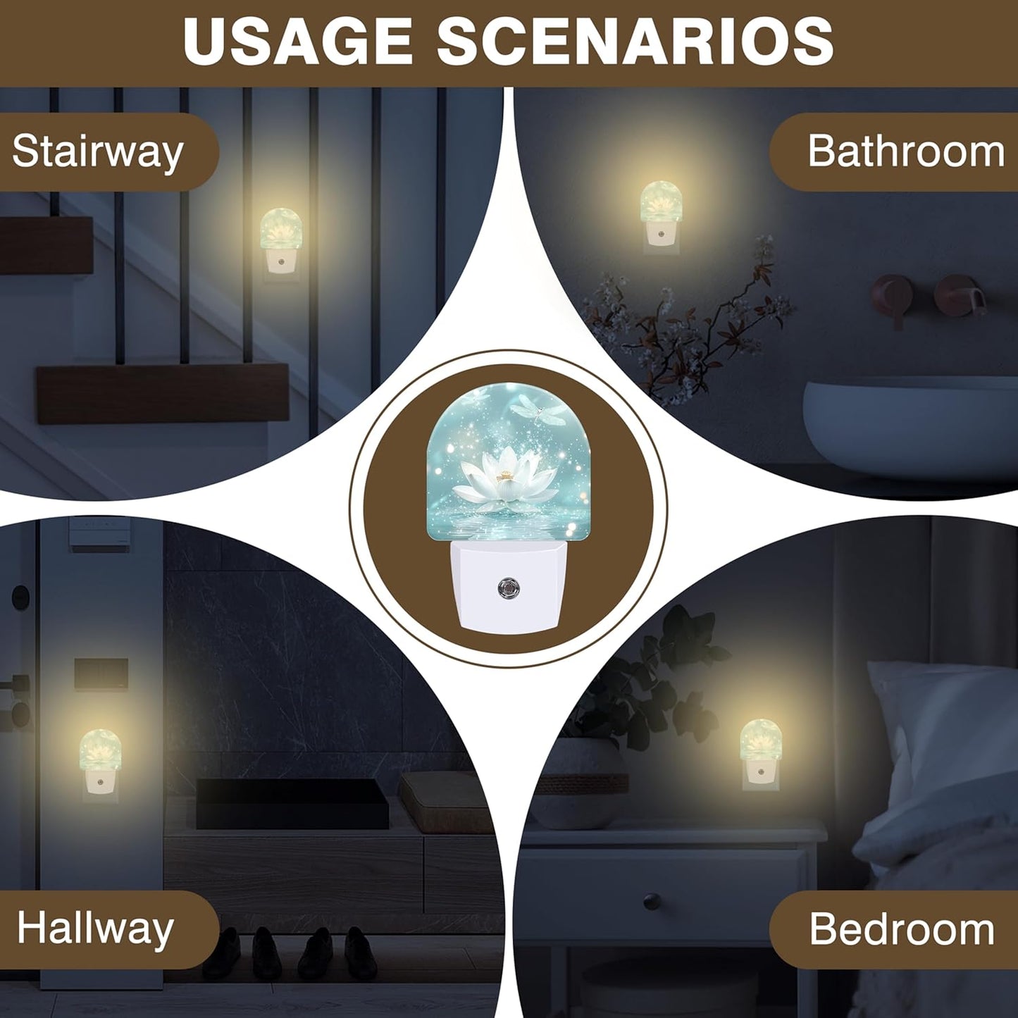 Night Lights Plug into Wall White Lotus and Dragonfly Night Light Dusk to Dawn Smart Sensor Decorative Round Led Lamp for Bedroom Kitchen Hallway Nightlight for Women Men