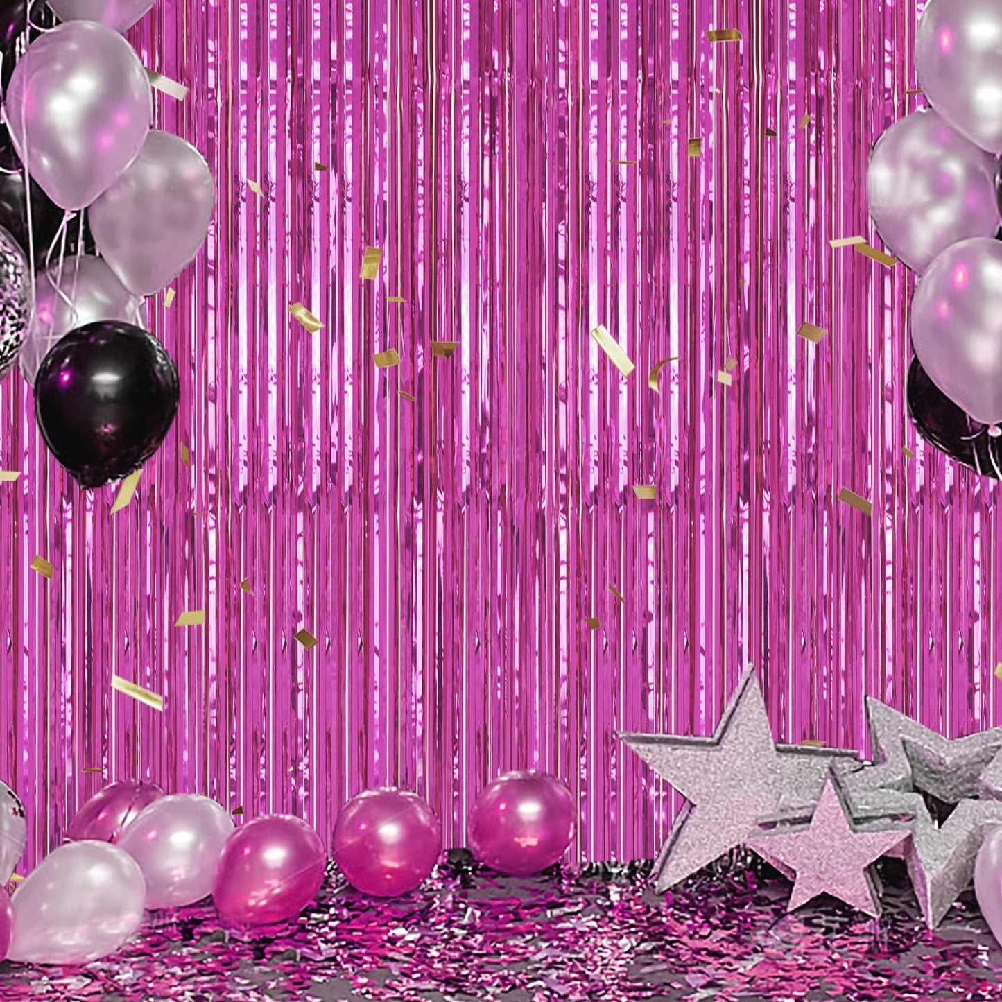 3 Pack Foil Fringe Backdrop - Hot Pink Shiny Tinsel Curtains for Party Decoration/Photo Booth Props - 3.3x8.2 FT Metallic Foil Backdrop for Birthday, Wedding, Graduation, Christmas.
