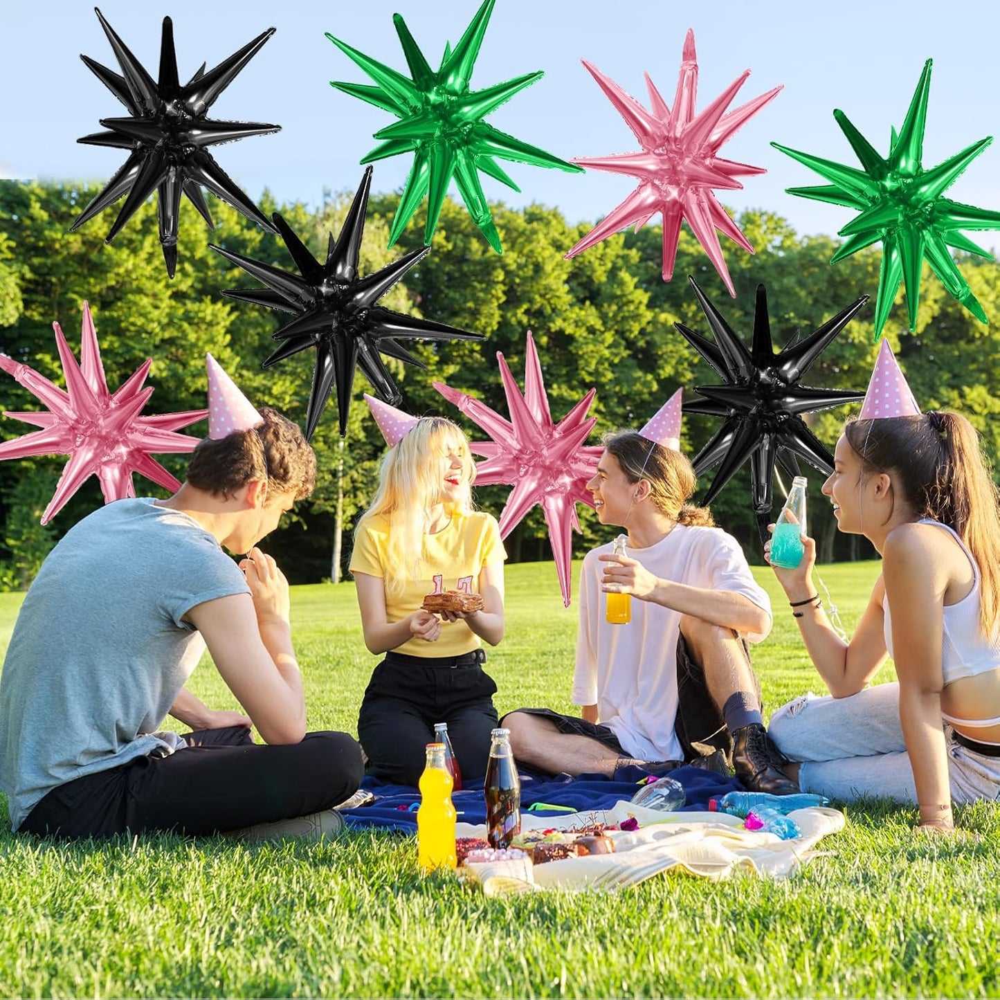 Pink Green Black Star Balloons,9Pcs 22Inch Pink Green Explosion Spike Cone Helium Polyester Film Star Foil Balloons for Witch Birthday Anniversary Disco Party Decorations