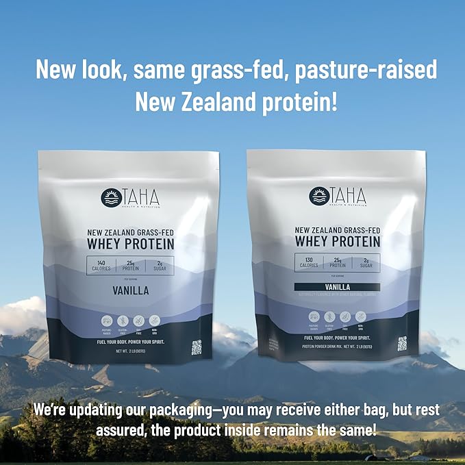 Taha Health & Nutrition Vanilla Flavored Whey Protein Concentrate Powder, 25g Protein, 140 Calories, 2g Sugar | New Zealand Grass-Fed, Free-Range Dairy | Gluten and Soy Free, Keto, Kosher | 2LB