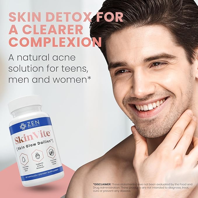 Zen Nutrients SkinVite Natural Skin Supplement for Women, Men & Teens - Hormonal Breakouts & Clear Skin Support Supplement - Detoxifying Vitamin for Acne and Digestion Support