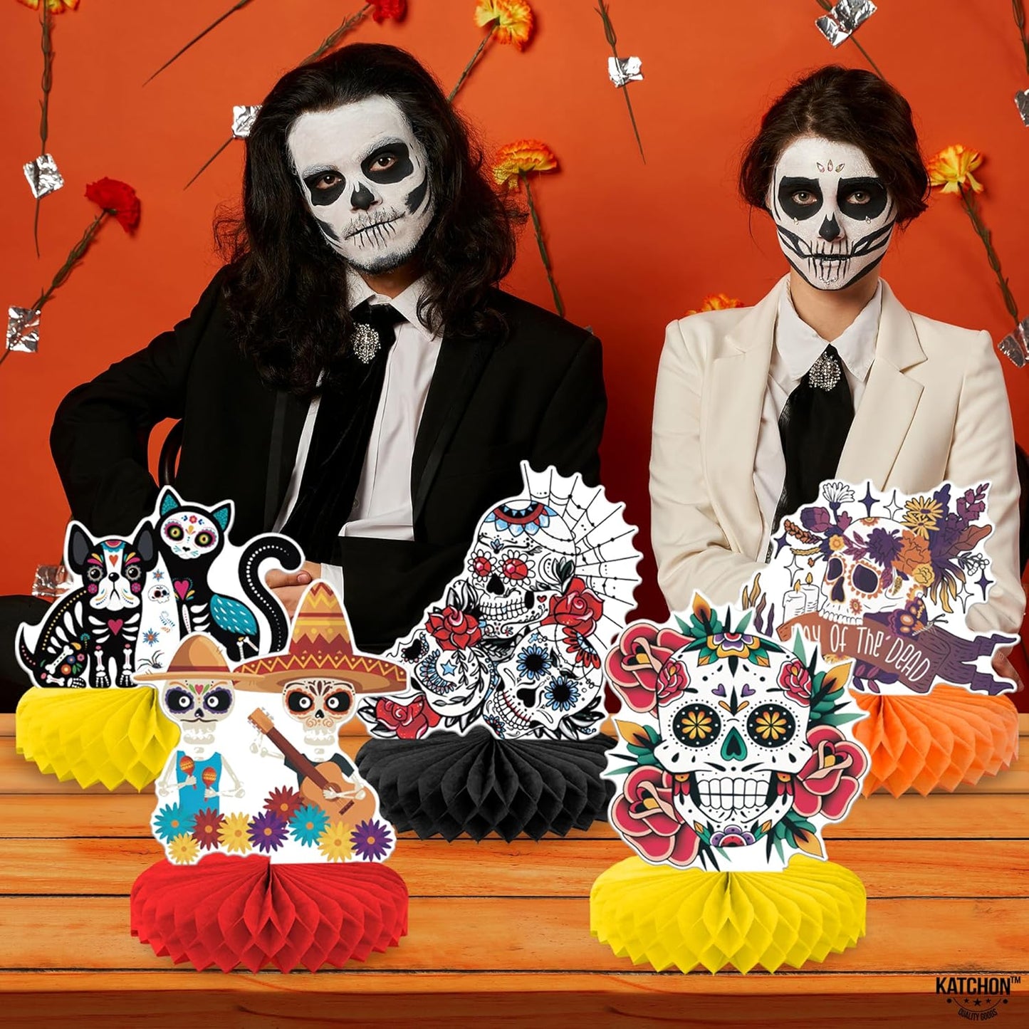KatchOn, Day of The Dead Centerpieces - Pack of 12 | Halloween Centerpieces, Day of The Dead Decorations | Halloween Honeycomb, Day of The Dead Halloween Decorations | Dia De Los Muertos Decorations