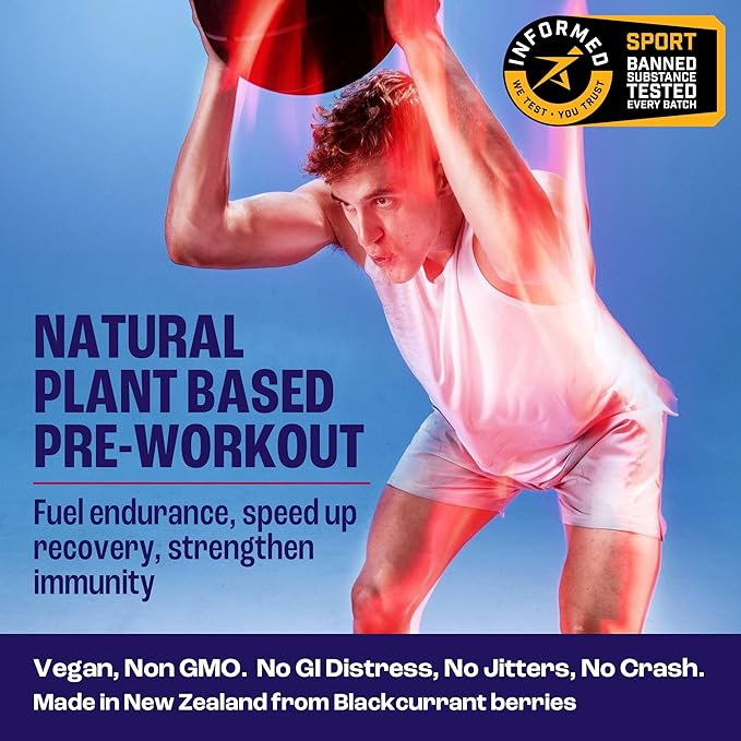 Blackcurrant I All Natural Vegan Pre Workout, with 120mg Caffeine I Clean Energy, Endurance, Recovery I Pre Workout Women and Men I 10 x Individual Packets I Informed Sports Certified
