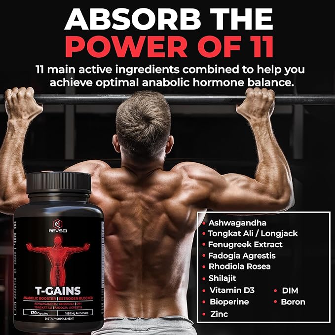 Testosterone Supplement for Men - T-GAINS Natural Testosterone Booster for Men with Longjack Tongkat Ali, Fadogia Agrestis, Shilajit - Estrogen Blocker, Mucle Builder & Vitality Support, 120 Count